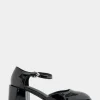 Comfortable Women's Ankle Strap Two Piece Block Heel Pump in Black Patent Faux Leather Patent Faux Leather