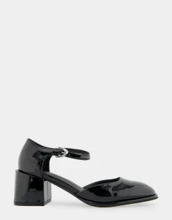 Comfortable Women's Ankle Strap Two Piece Block Heel Pump in Black Patent Faux Leather Patent Faux Leather