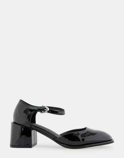 Comfortable Women's Ankle Strap Two Piece Block Heel Pump in Black Patent Faux Leather Patent Faux Leather