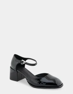 Comfortable Women's Ankle Strap Two Piece Block Heel Pump in Black Patent Faux Leather Patent Faux Leather