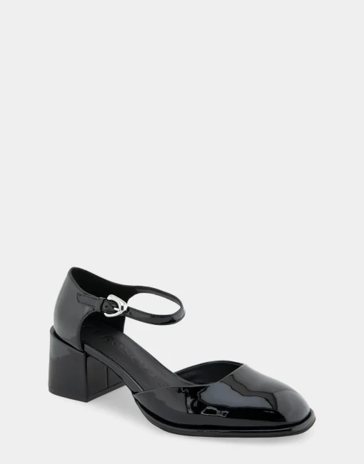 Comfortable Women's Ankle Strap Two Piece Block Heel Pump in Black Patent Faux Leather Patent Faux Leather