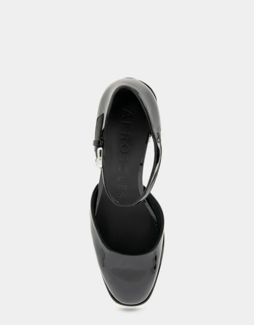 Comfortable Women's Ankle Strap Two Piece Block Heel Pump in Black Patent Faux Leather Patent Faux Leather