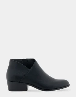 Comfortable Women's Asymmetrical Envelope Low Bootie in Black Faux Leather