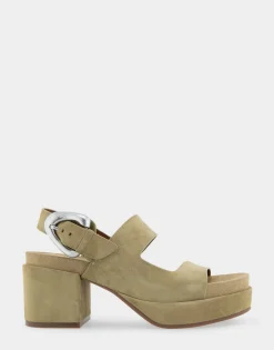 Comfortable Women's Asymmetrical Molded Footbed Platform Sandal in Olive Branch Suede