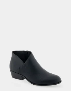 Comfortable Women's Asymmetrical Envelope Low Bootie in Black Faux Leather