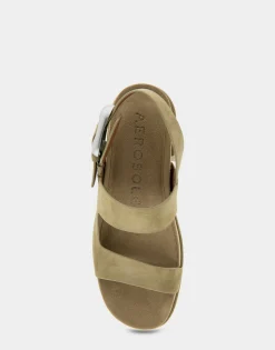 Comfortable Women's Asymmetrical Molded Footbed Platform Sandal in Olive Branch Suede