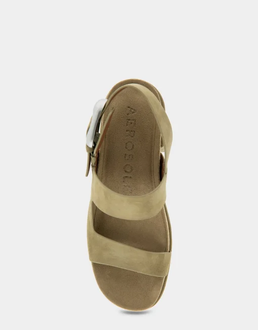 Comfortable Women's Asymmetrical Molded Footbed Platform Sandal in Olive Branch Suede