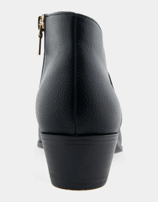 Comfortable Women's Asymmetrical Envelope Low Bootie in Black Faux Leather