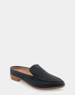 Comfortable Women's Backless Slip On Loafer in Black Faux Leather