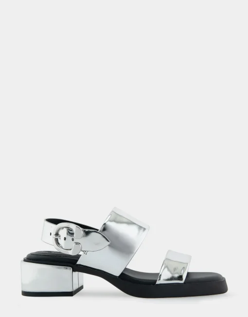 Comfortable Women's Banded Back Strap Low Block Heel Sandal in Silver Mirror Metallic Faux Leather