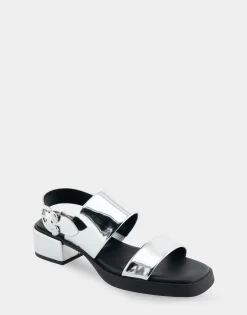 Comfortable Women's Banded Back Strap Low Block Heel Sandal in Silver Mirror Metallic Faux Leather
