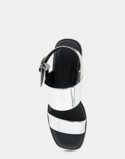 Comfortable Women's Banded Back Strap Low Block Heel Sandal in Silver Mirror Metallic Faux Leather