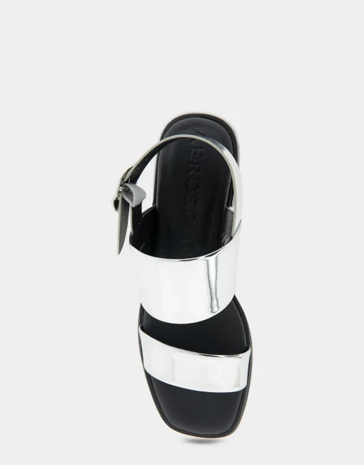 Comfortable Women's Banded Back Strap Low Block Heel Sandal in Silver Mirror Metallic Faux Leather