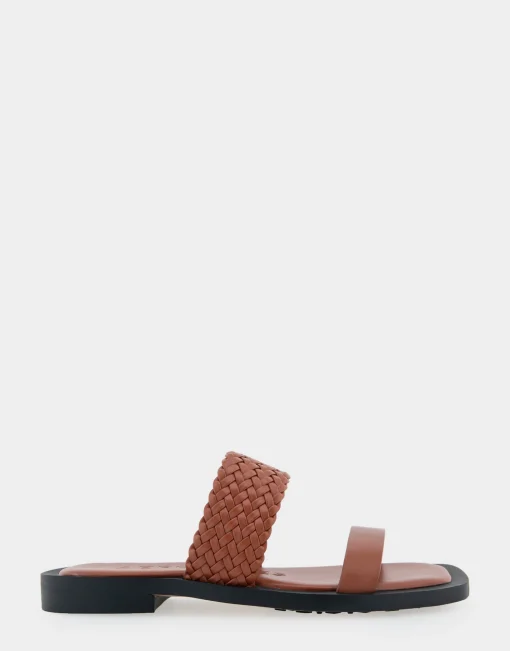 Comfortable Women's Braided Double Strap Flat Sandal in Gingerbread Faux Leather
