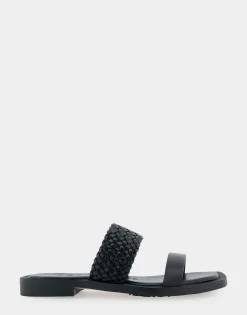 Comfortable Women's Braided Double Strap Flat Sandal in Black Leather