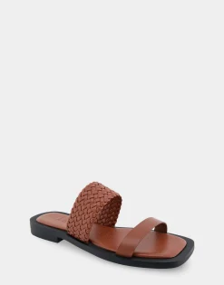 Comfortable Women's Braided Double Strap Flat Sandal in Gingerbread Faux Leather