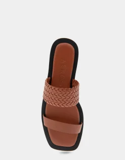 Comfortable Women's Braided Double Strap Flat Sandal in Gingerbread Faux Leather