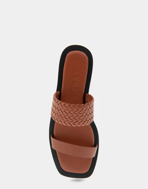 Comfortable Women's Braided Double Strap Flat Sandal in Gingerbread Faux Leather