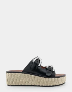 Comfortable Women's Buckled Flatform Slide Sandal in Black Leather