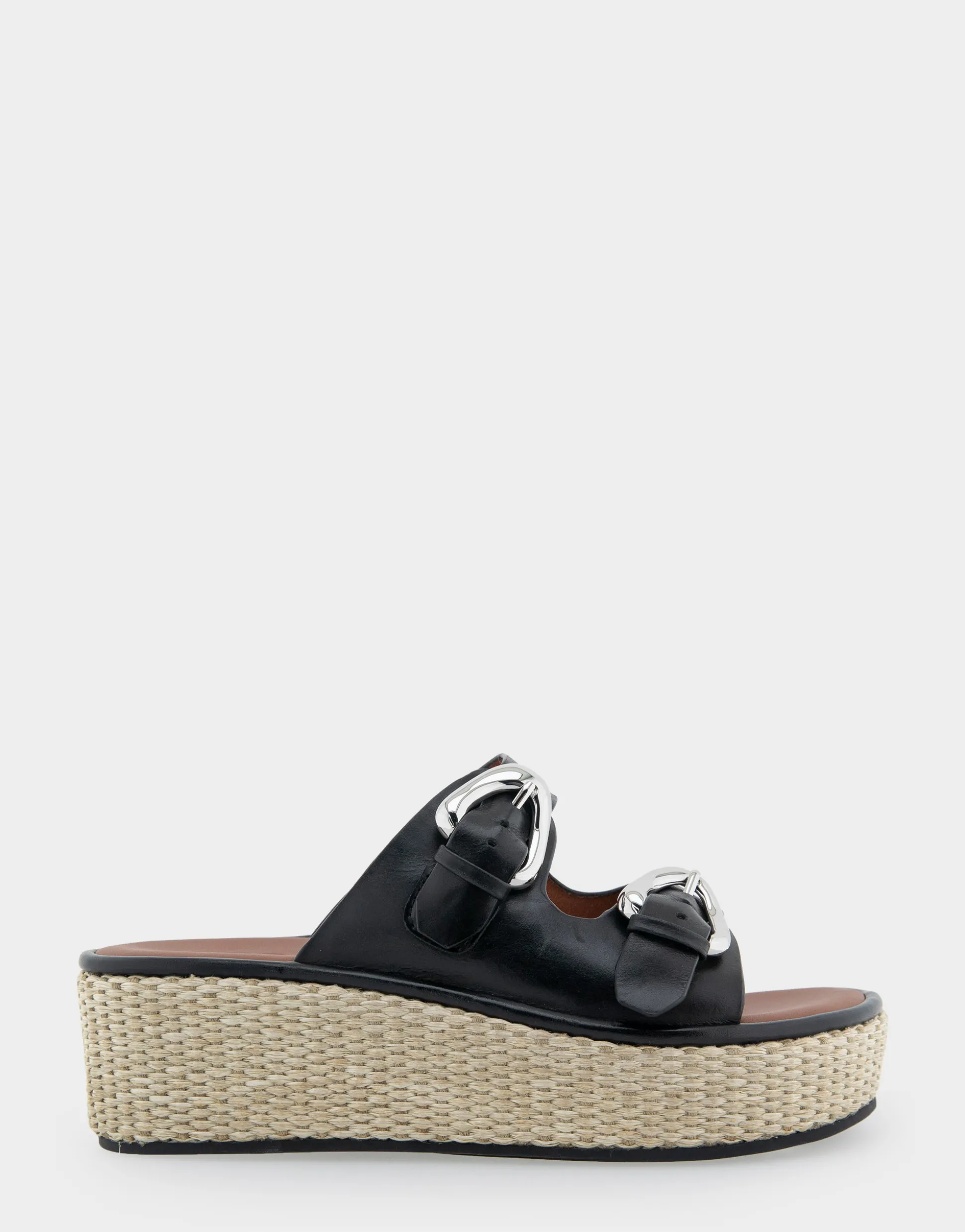 Comfortable Women's Buckled Flatform Slide Sandal in Black Leather