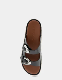 Comfortable Women's Buckled Flatform Slide Sandal in Black Leather