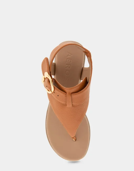 Comfortable Women's Buckle Detail Back Strap Thong Sandal in Tan Grainy Faux Leather