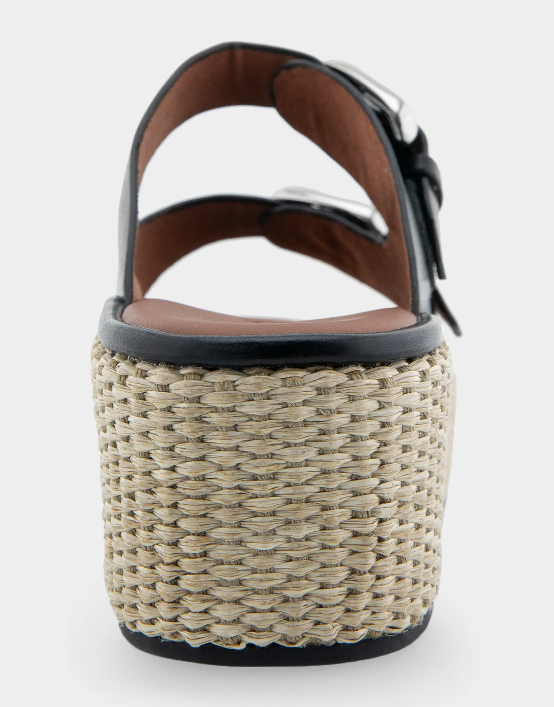 Comfortable Women's Buckled Flatform Slide Sandal in Black Leather