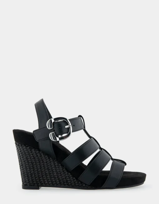 Comfortable Women's Caged Footbed Wedge Sandal in Black Faux Leather