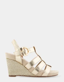 Comfortable Women's Caged Footbed Wedge Sandal in Soft Gold Leather