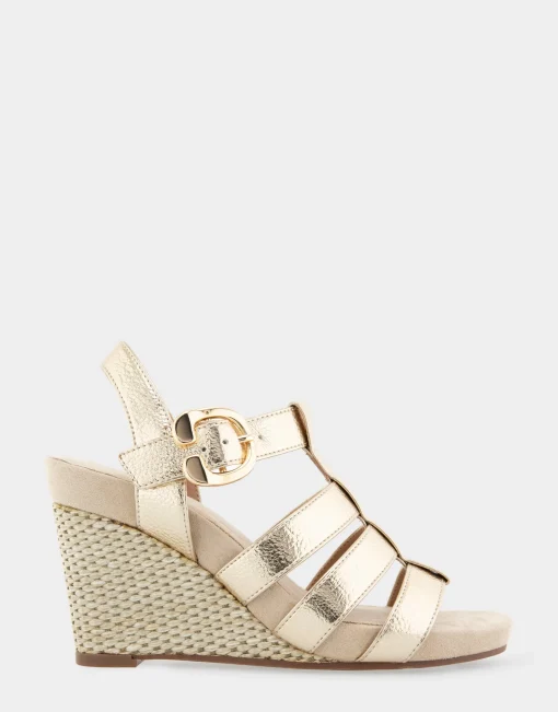 Comfortable Women's Caged Footbed Wedge Sandal in Soft Gold Leather