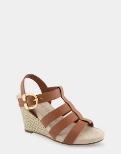 Comfortable Women's Caged Footbed Wedge Sandal in Tan Faux Leather