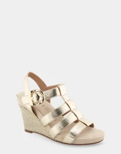 Comfortable Women's Caged Footbed Wedge Sandal in Soft Gold Leather
