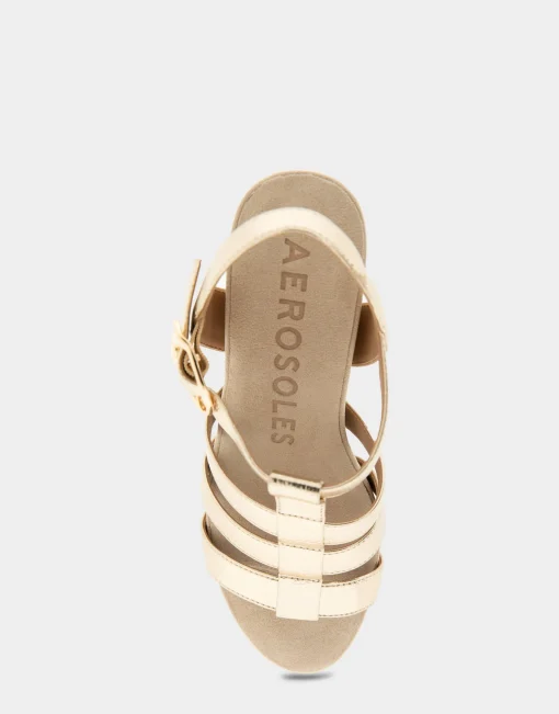 Comfortable Women's Caged Footbed Wedge Sandal in Soft Gold Leather
