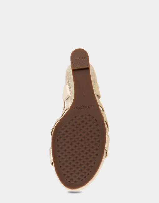 Comfortable Women's Caged Footbed Wedge Sandal in Soft Gold Leather