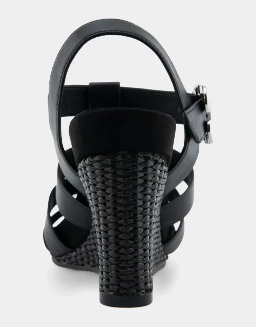 Comfortable Women's Caged Footbed Wedge Sandal in Black Faux Leather