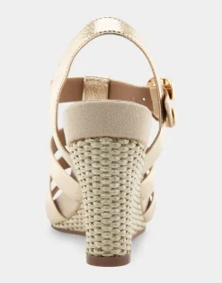 Comfortable Women's Caged Footbed Wedge Sandal in Soft Gold Leather