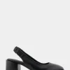 Comfortable Women's Covered Elastic Slingback Block Heel Pump in Black Leather Leather