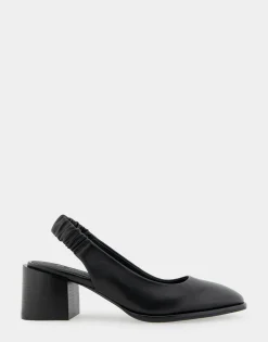 Comfortable Women's Covered Elastic Slingback Block Heel Pump in Black Leather Leather