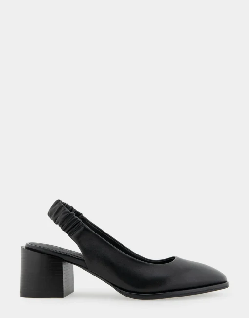 Comfortable Women's Covered Elastic Slingback Block Heel Pump in Black Leather Leather