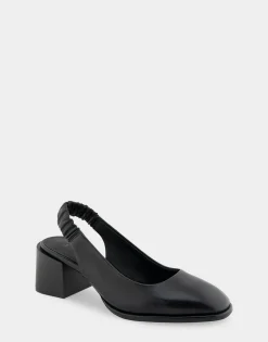 Comfortable Women's Covered Elastic Slingback Block Heel Pump in Black Leather Leather