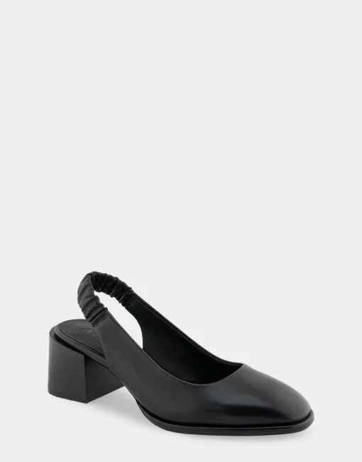 Comfortable Women's Covered Elastic Slingback Block Heel Pump in Black Leather Leather