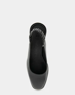 Comfortable Women's Covered Elastic Slingback Block Heel Pump in Black Leather Leather