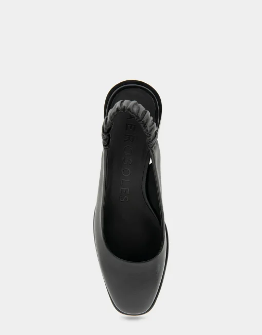 Comfortable Women's Covered Elastic Slingback Block Heel Pump in Black Leather Leather
