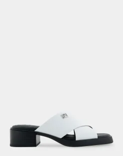 Comfortable Women's Crisscross Slip On Low Block Heel Sandal in White Faux Leather