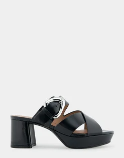 Comfortable Women's Crisscross Platform Slide Sandal in Black Leather