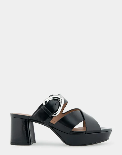 Comfortable Women's Crisscross Platform Slide Sandal in Black Leather