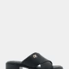 Comfortable Women's Crisscross Slip On Low Block Heel Sandal in Black Faux Leather