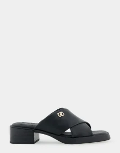 Comfortable Women's Crisscross Slip On Low Block Heel Sandal in Black Faux Leather