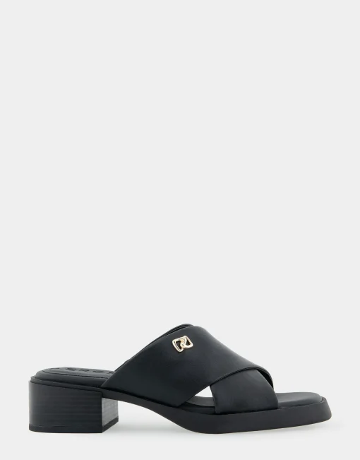 Comfortable Women's Crisscross Slip On Low Block Heel Sandal in Black Faux Leather