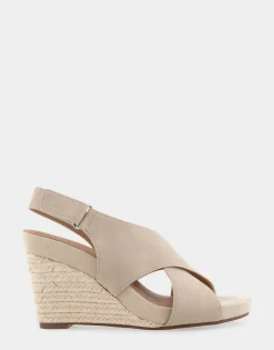 Comfortable Women's Crisscross Velcro Back Footbed Wedge Sandal in Pale Khaki Faux Leather Faux Suede